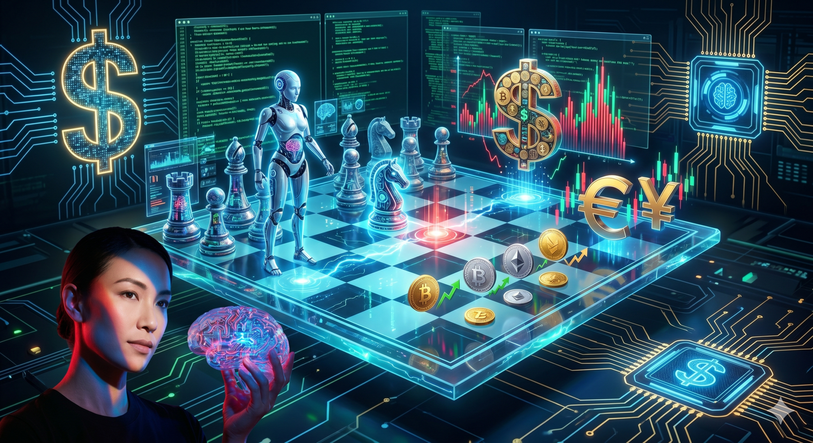Visão futurista de inteligência artificial controlando processos globais