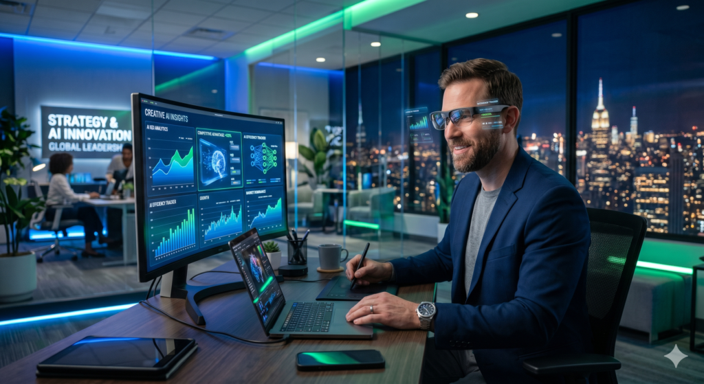 Profissional usando inteligência artificial para aumentar produtividade no trabalho