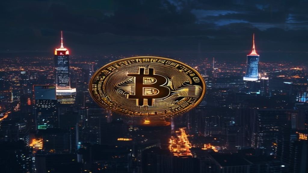 Bitcoin atingindo 125 mil dólares com skyline de São Paulo e telas de trading