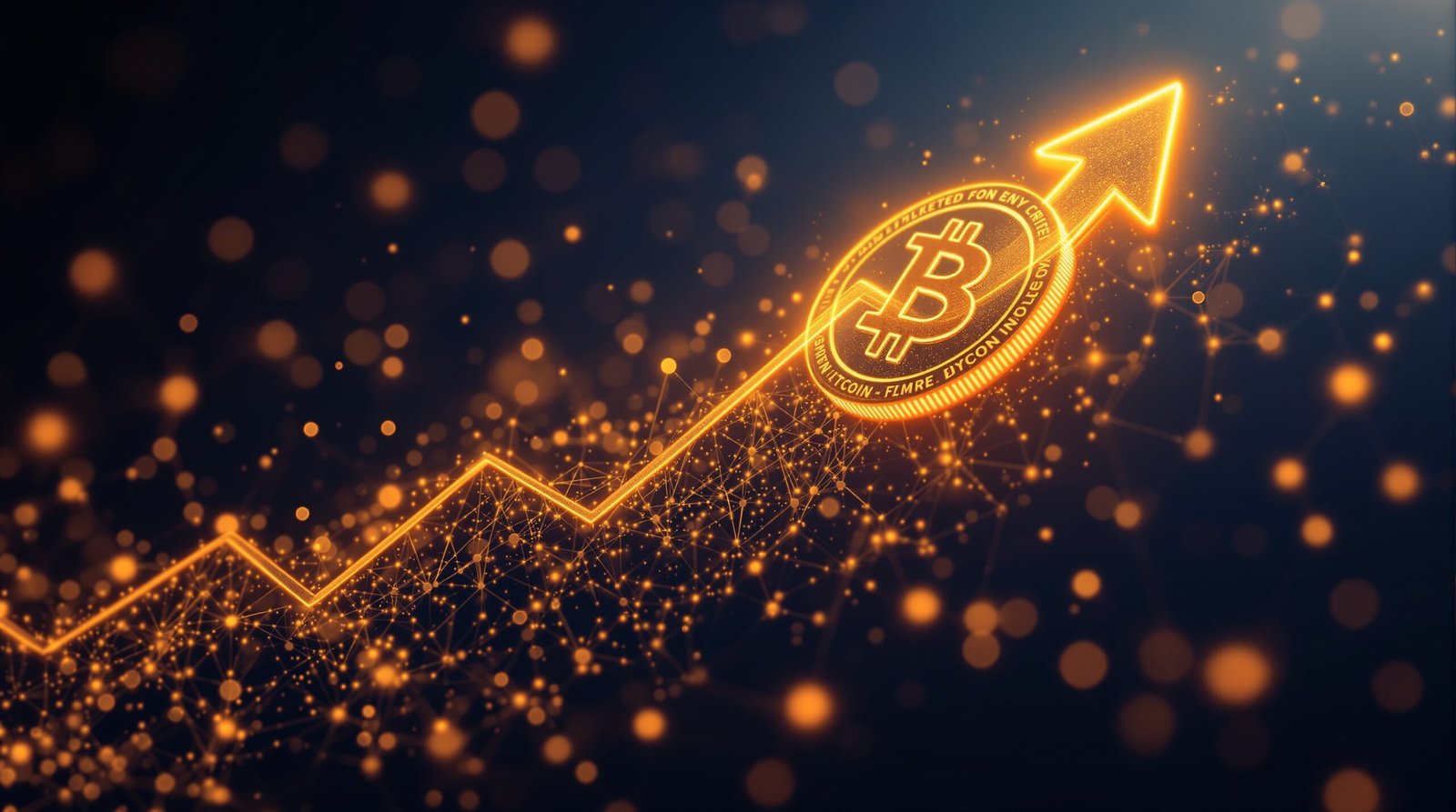 Moeda cripto abstrata em trajetoria ascendente com rede de nos dourados